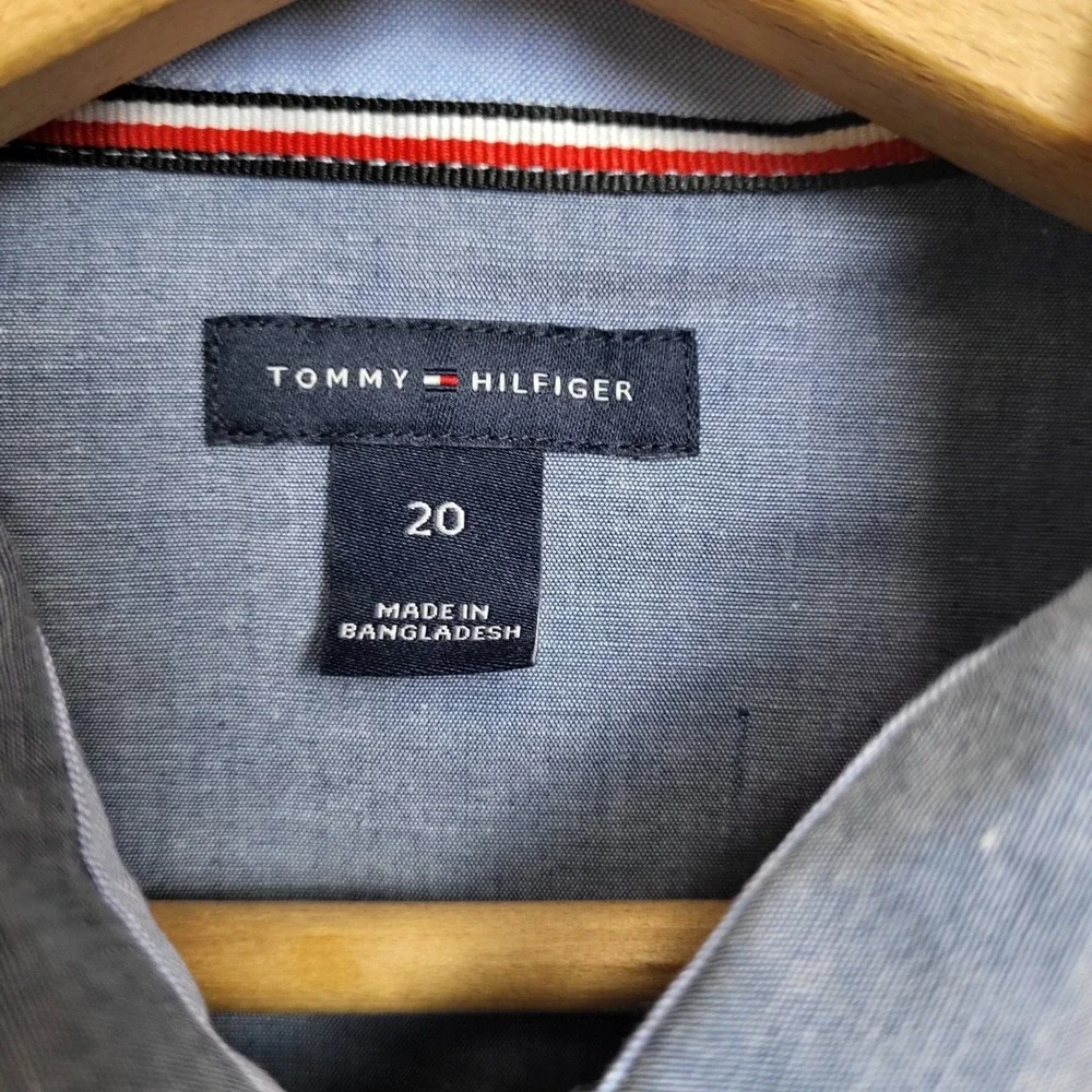 Tommy Hilfiger Boys Sz 20 Blue Chambray Button Down Shirt‎ Plaid Clip On Tie NWT
